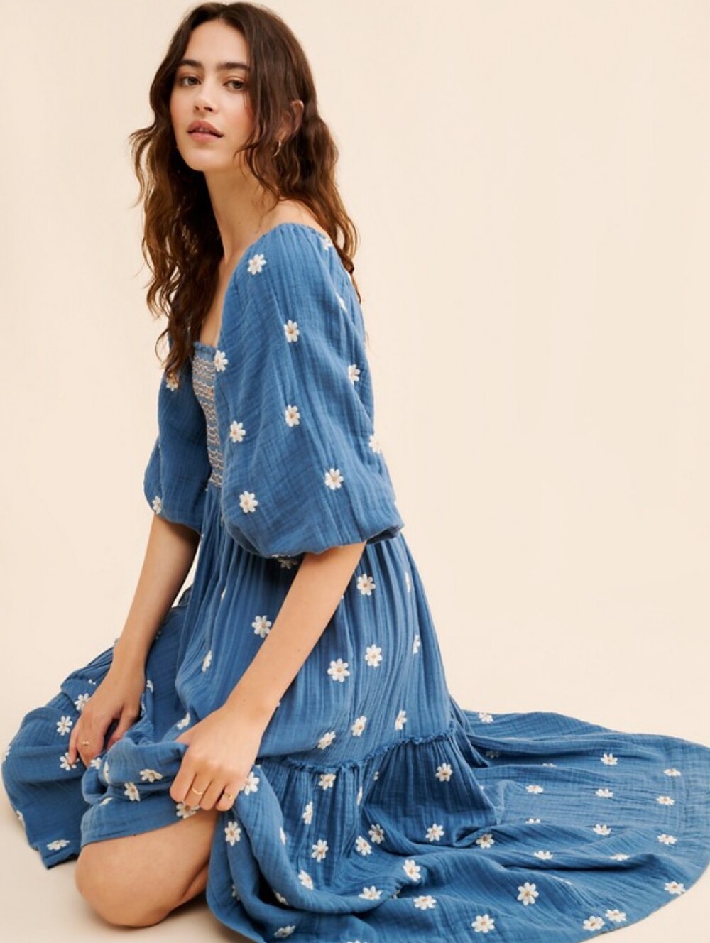 Free People Blue Dahlia Smock Maxi Dress with White Daisy Embroidery Boho